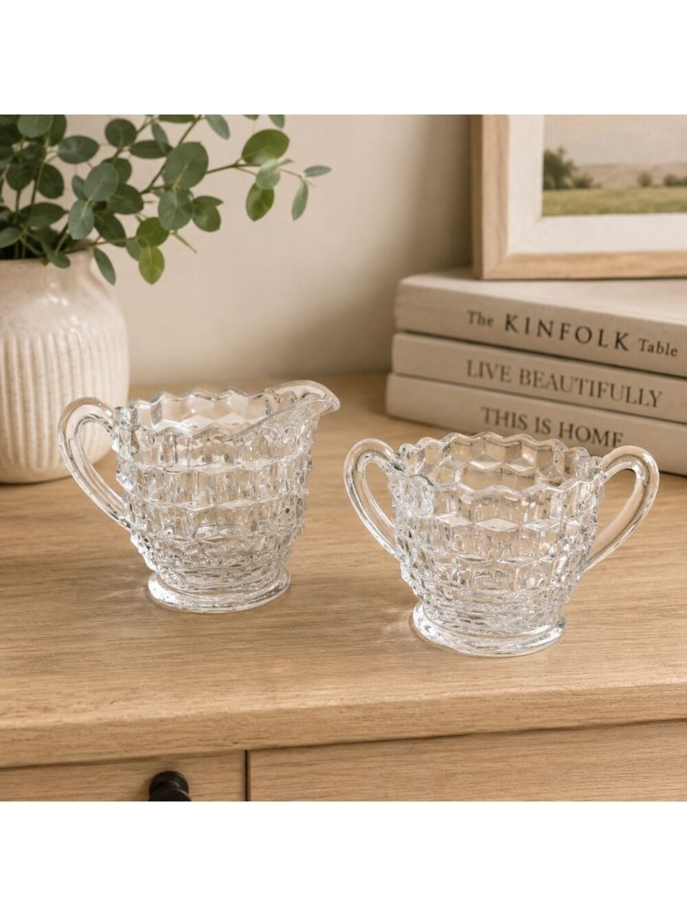 Vintage Clear Glass Creamer and Sugar Bowl Set Honeycomb Design Small